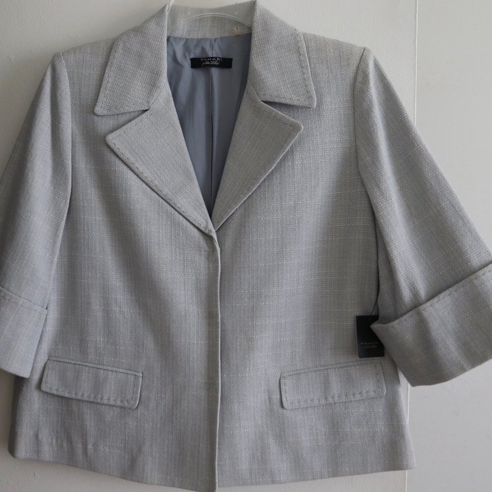 Tahari Lori Suit Jacket Blazer Cotton 3/4 Sleeve Pewter Cotton